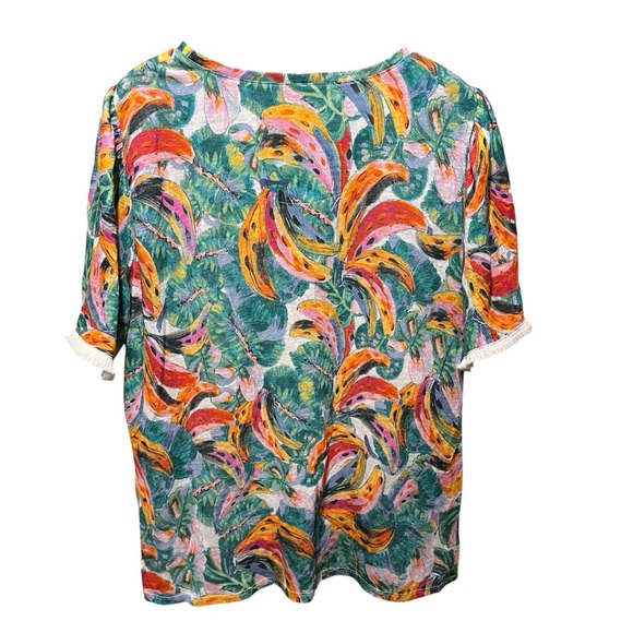 Chico's 100% Linen Tropical Banana Print Short Sleeve Top Size 3 - Picture 4 of 10